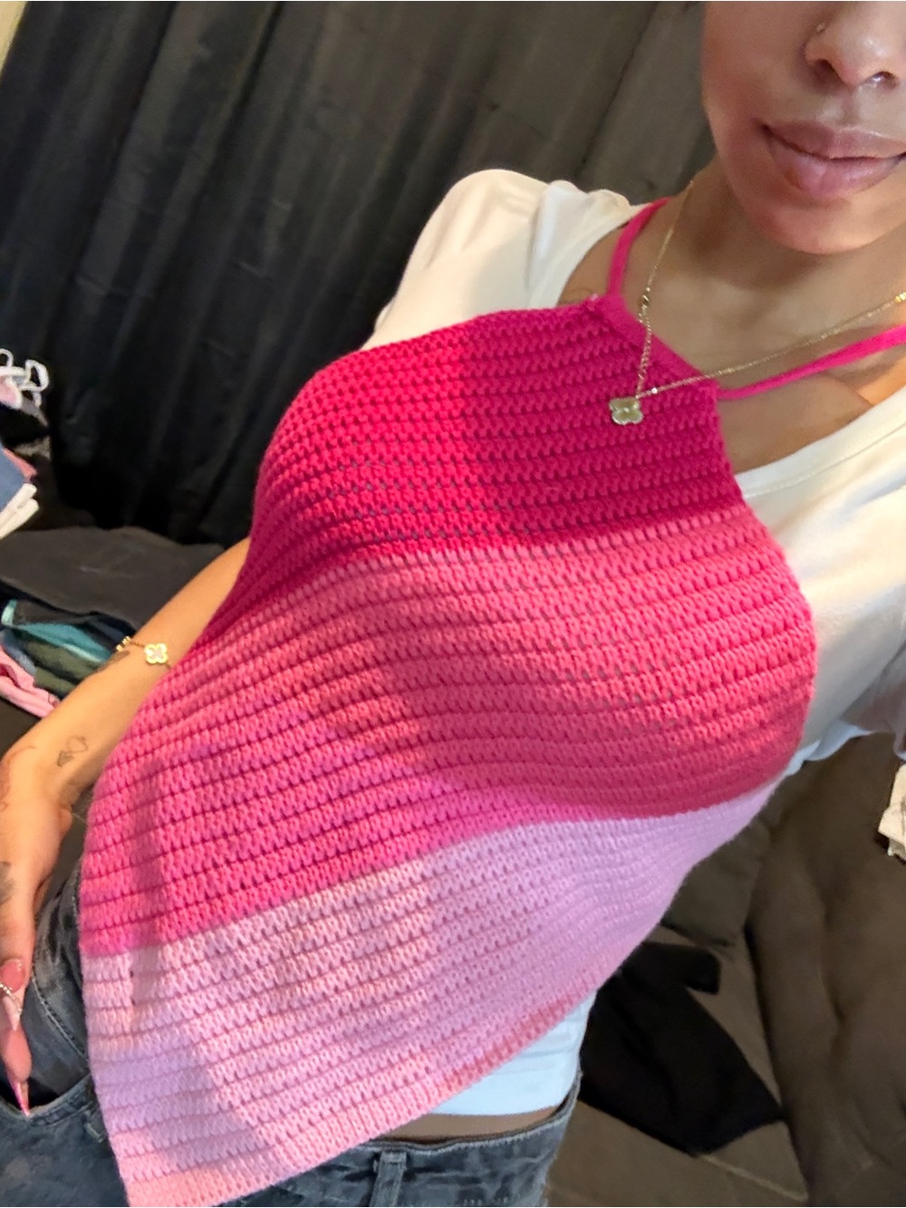 SHEIN Pink Ombre Crochet Halter Swim Coverup Top